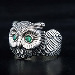 Owl Ring + Green CZ Eyes // Silver (7)