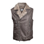 Fur Lined Leather Biker Vest // Dark Brown (M)