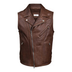 Fur Lined Leather Biker Vest // Brown (M)