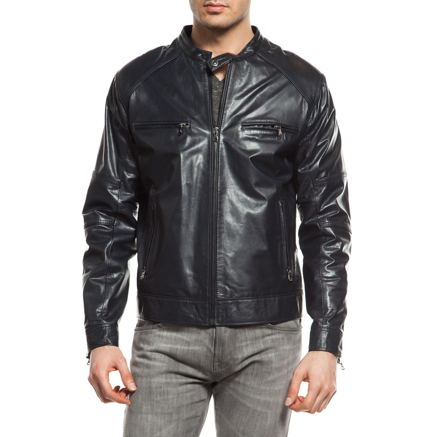 Double Zip Leather Jacket // Navy (XS) - O&J DAY FOREIGN TRADE LTD ...