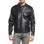 Double Zip Leather Jacket // Navy (XS)