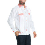 Gingham Print +Trim Accent Long-Sleeve Shirt // White + Salmon (S)