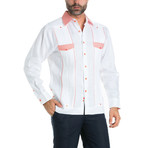 Gingham Print +Trim Accent Long-Sleeve Shirt // White + Salmon (S)