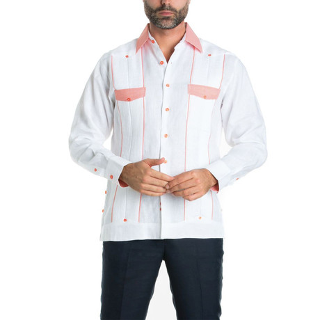 Gingham Print +Trim Accent Long-Sleeve Shirt // White + Salmon (S)