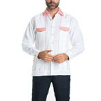 Gingham Print +Trim Accent Long-Sleeve Shirt // White + Salmon (XL)