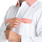 Gingham Print +Trim Accent Long-Sleeve Shirt // White + Salmon (L)