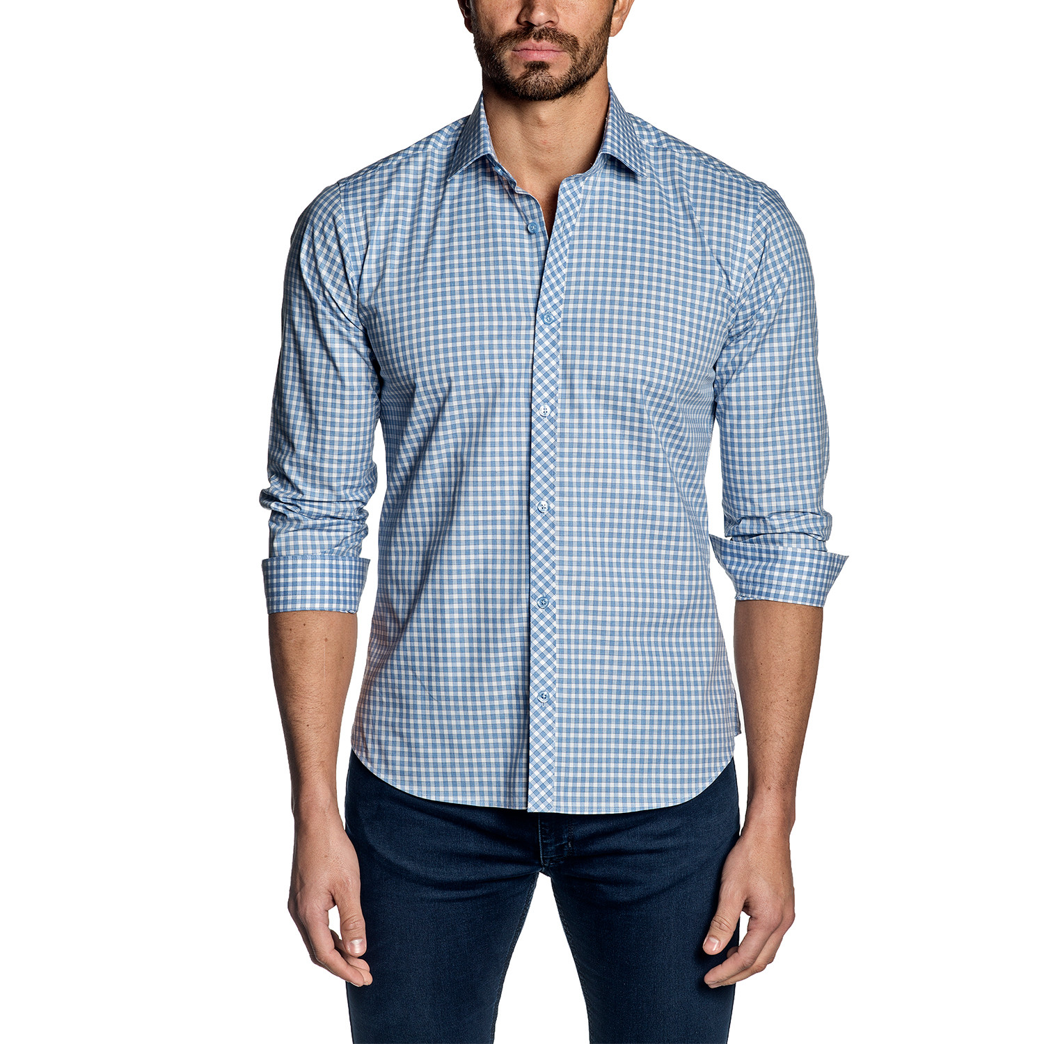 Checkered Long-Sleeve Shirt // White + Light Blue (S) - Jared Lang ...