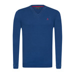 Vargo V-Neck Pullover + Arm Patch // Indigo + Red (XL)