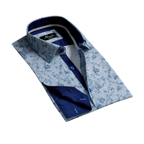 Floral Lined French Cuff Dress Shirt // Light Blue + Navy (S)