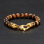 Antiqued Stainless Steel + Natural Stone Beaded Bracelet V2 // Brown + Gold // 10mm (Red Tiger's Eye)