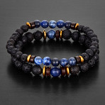 Sodalite + Lava Stone + Hematite Beaded Bracelet // Blue + Black + Gold
