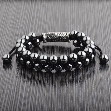 Polished Hematite Stone Layered Adjustable Bracelet // Gray + Silver + Black