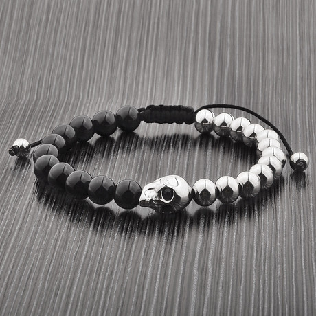 Onyx + Stainless Steel Skull Bead Bracelet // Black + Silver