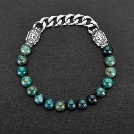 Agate + Buddha Bead Stretch Bracelet (Moss Green + Silver)