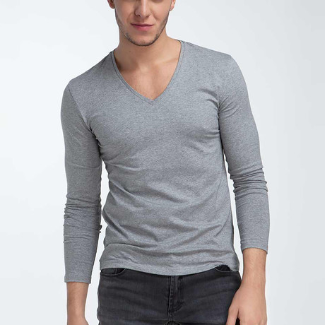 V-Neck Long Sleeve Tee // Grey (XS)