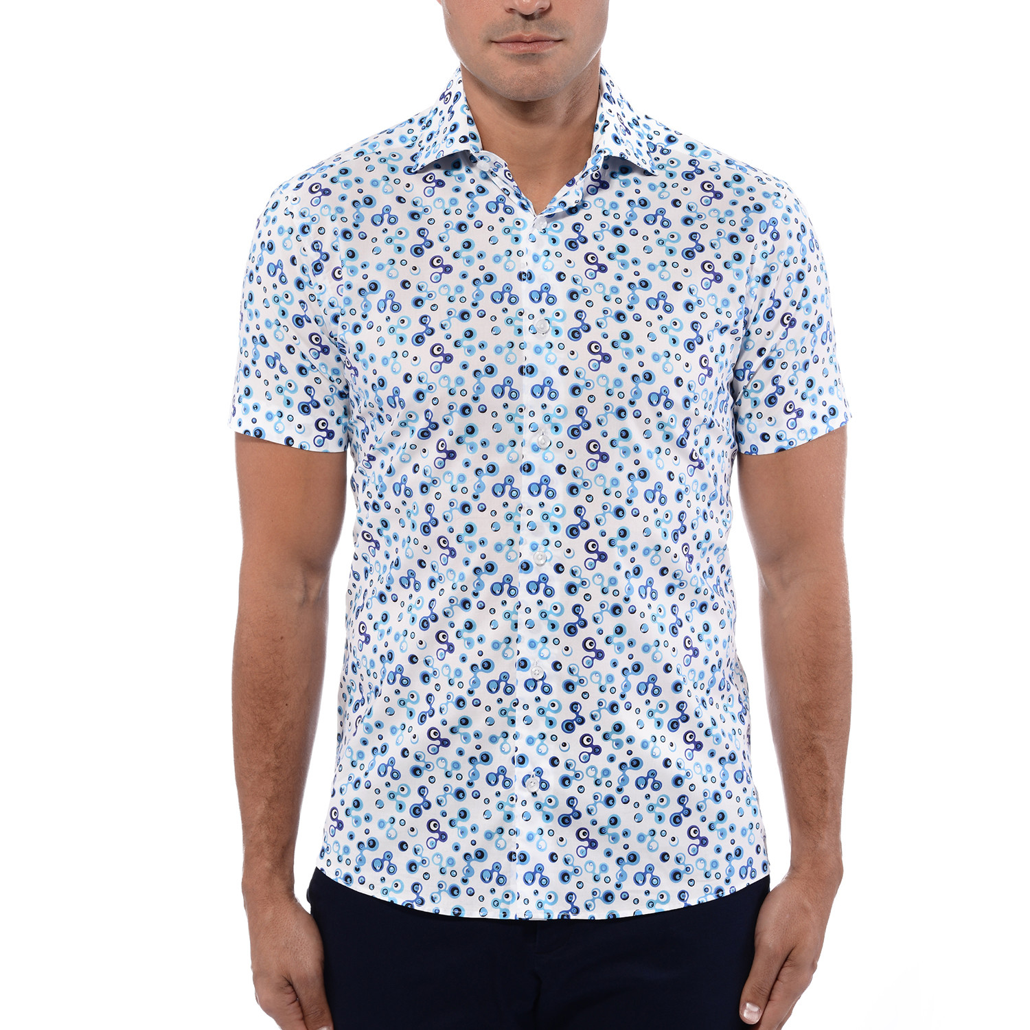 Poplin Print Circles Short Sleeve Shirt // Navy Blue + White (3XL ...