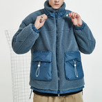 Fleece High Neck Collar Jacket // Blue (S)
