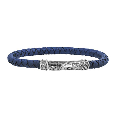 Men's Silver + Leather Bracelet // Blue