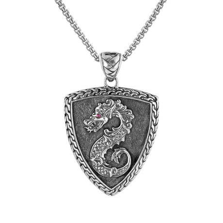 Men's Carved Dragon Shield Pendant Necklace // Silver