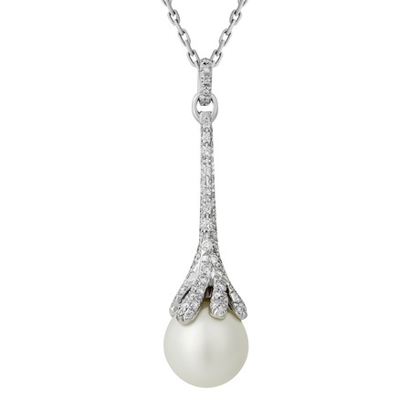 Mikimoto 18k White Gold Diamond + Cultured Pearl Pendant Necklace