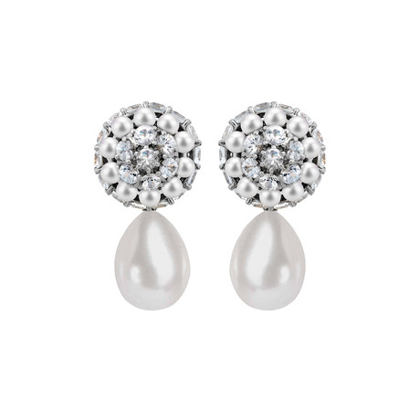Mimi Milano 18k White Gold White Sapphire + White Cultured Pearl Earrings