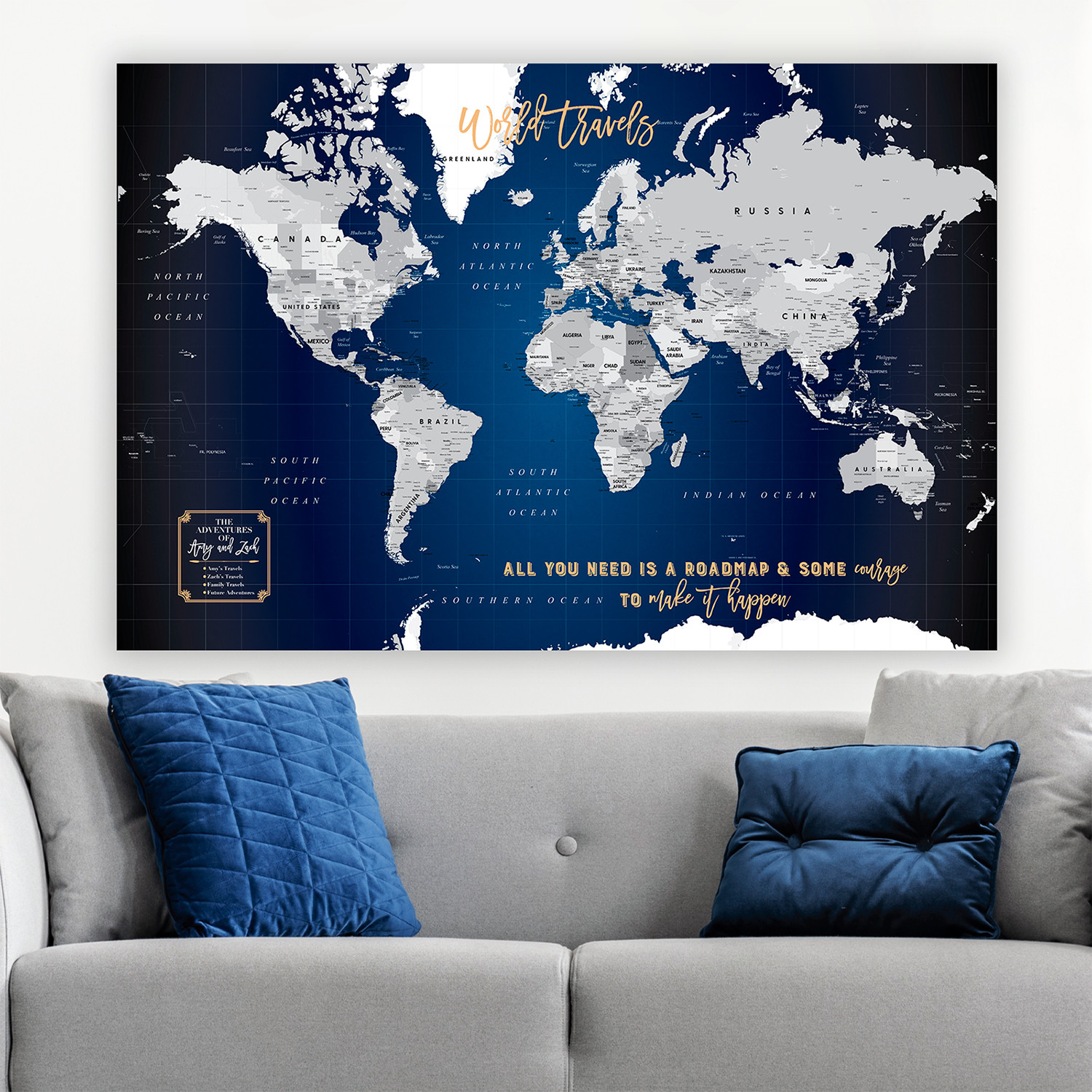 Navy Canvas World Push Pin Map 60w X 40h Modern Maps Touch Of