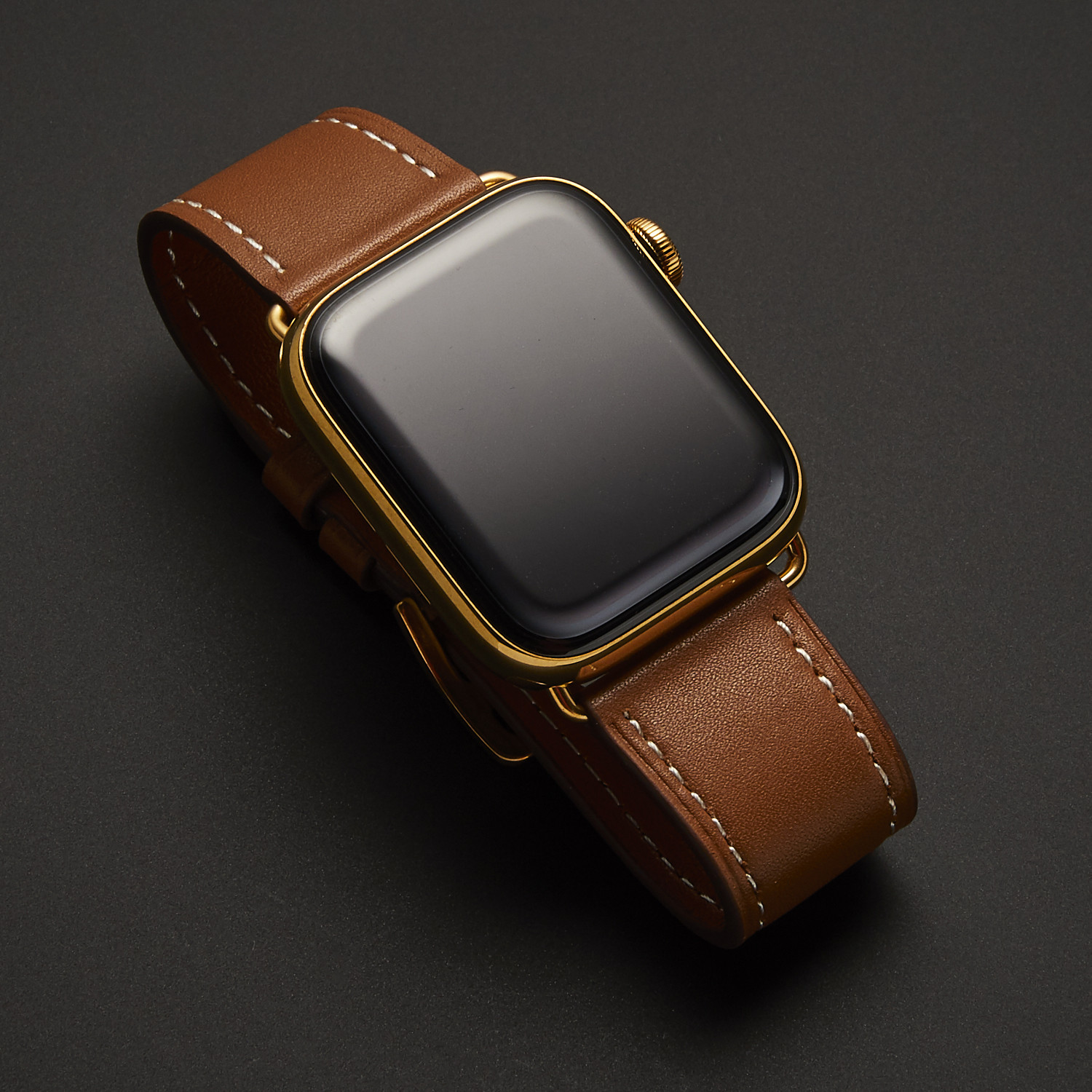24K Gold Plated Custom Apple Watch Series 5 // Brown Leather Band ...