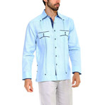 Trim Guayabera Long Sleeve Shirt + Polka Dot // Sky Blue (XL)