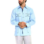 Trim Guayabera Long Sleeve Shirt + Polka Dot // Sky Blue (M)