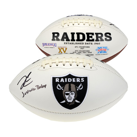 Derek Carr Oakland Raiders Autographed White Panel Football with "Just Win Baby!" Inscription