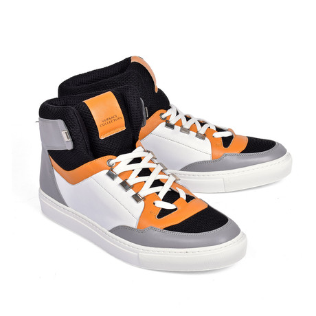 Versace Collection // Hi-Top Fashion Sneaker // Black + Gray + Orange (Euro: 39)