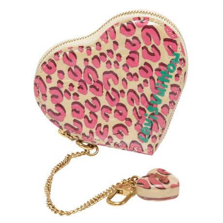 Women's Cheetah Vernis Leather Heart Coin Wallet LTD // Cream + Pink // Pre-Owned