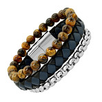 Leather + Tiger Eye + Stainlesss Steel Bracelet Set