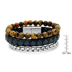 Leather + Tiger Eye + Stainlesss Steel Bracelet Set