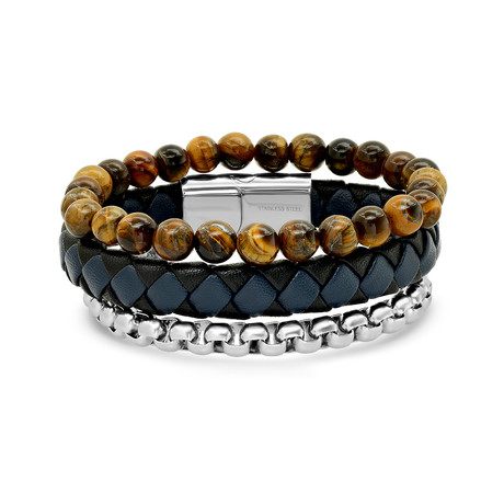 Leather + Tiger Eye + Stainlesss Steel Bracelet Set