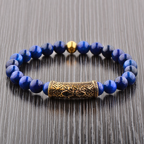 Lapis Lazuli Stone + Gold Plated Stainless Steel Beaded Bracelet // Blue + Gold