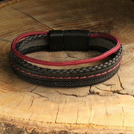 Four Strap Leather Bracelet // Black + Red
