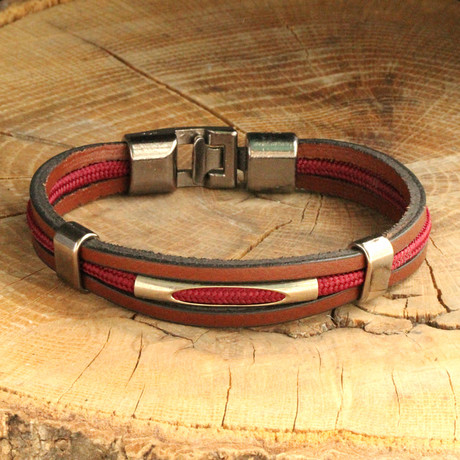 Three Strap Leather Bracelet // Brown + Red