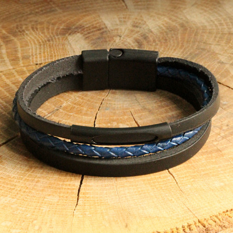 Three Strap Leather Bracelet // Black + Blue