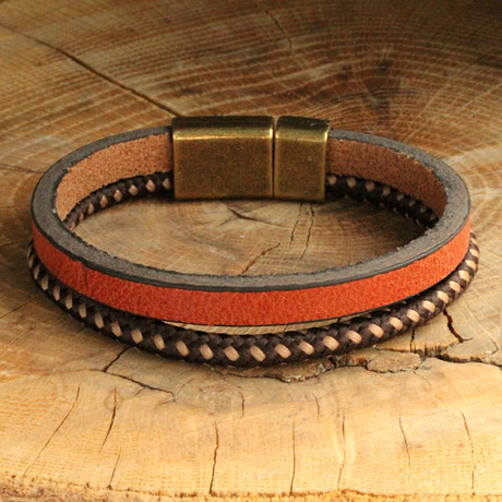 Two Strap Leather Bracelet // Orange + Brown