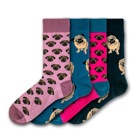 Unisex Pugs Regular Socks Bundle // Pink + Blue + Black // Pack of 4