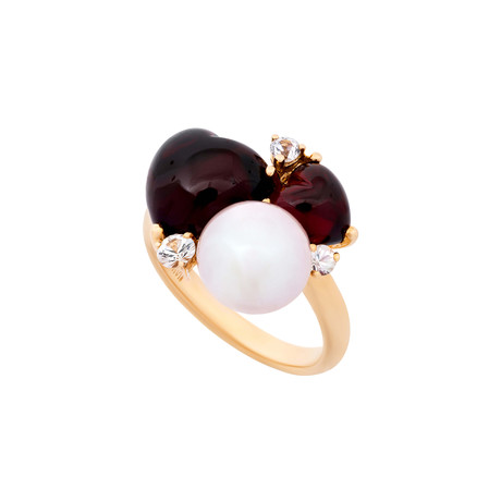 Mimi Milano 18k Rose Gold Garnet Sapphire + Violet Cultured Freshwater Pearl Ring // Ring Size: 7