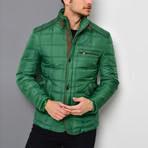 Mock Neck Button & Zip Up Quilted Jacket // Green (L)