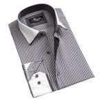 Reversible Line Print Cuff Long-Sleeve Button-Down Shirt // Gray + White (M)
