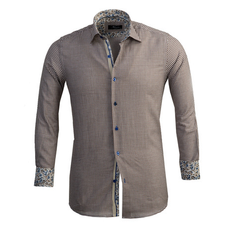 Checkered Reversible Cuff Long-Sleeve Button-Down Shirt // Brown + White (S)