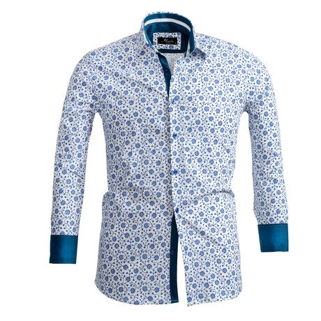 Floral Reversible Cuff Long-Sleeve Button-Down Shirt // White + Blue (S)