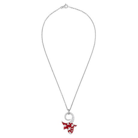Nouvelle Bague Petali 18k White Gold Diamond + Red Enamel Pendant Necklace