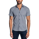 Print Short Sleeve Button-Up Shirt // White + Navy (M)
