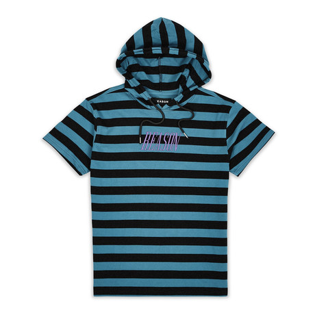 Downtime Stripe Short Sleeve Hoodie // Black + Blue (S)