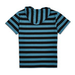 Downtime Stripe Short Sleeve Hoodie // Black + Blue (L)